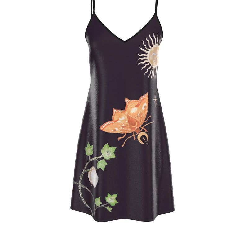 Vela Silk Slip Dress in Black Jungle Butterfly