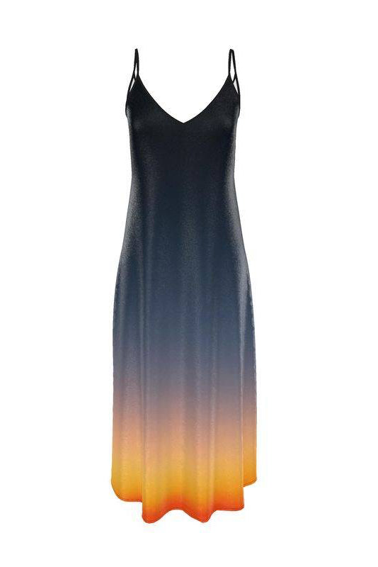 Black to orange gradient slip dress on a white background