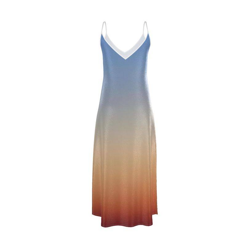 Gradient dress with blue, white, and orange colors on a white background
