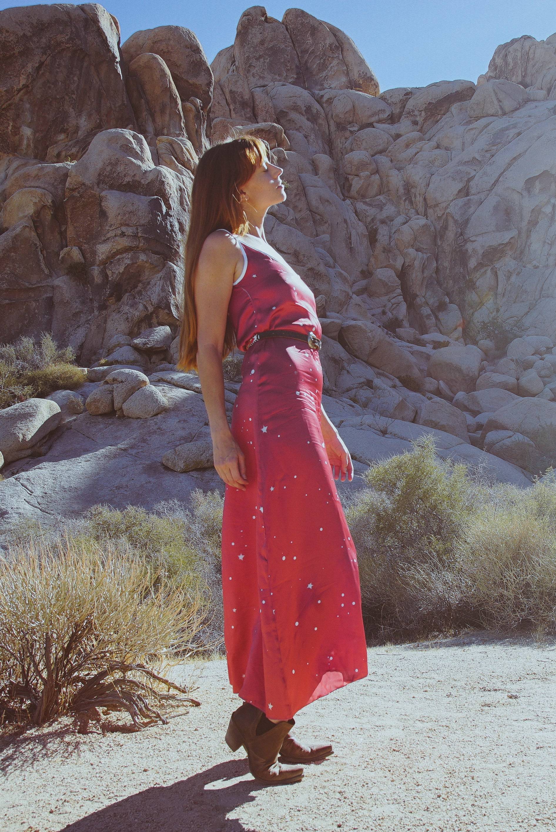 Etsy dress, Maxy Slip Dress, red Dress, red silk dress, star dress, Slip maxy Dress, Slip dress, boho Dress, Satin Dress, Retro Slip Dress, Prom Dress, Sustainable Dress, Sustainable Fashion Designers, 90's Slip Dress,   Courtney Barriger, Holding Court, Reformation Dress,