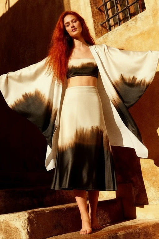 Woman in a flowing dress standing on stone steps with warm-toned wall in the background