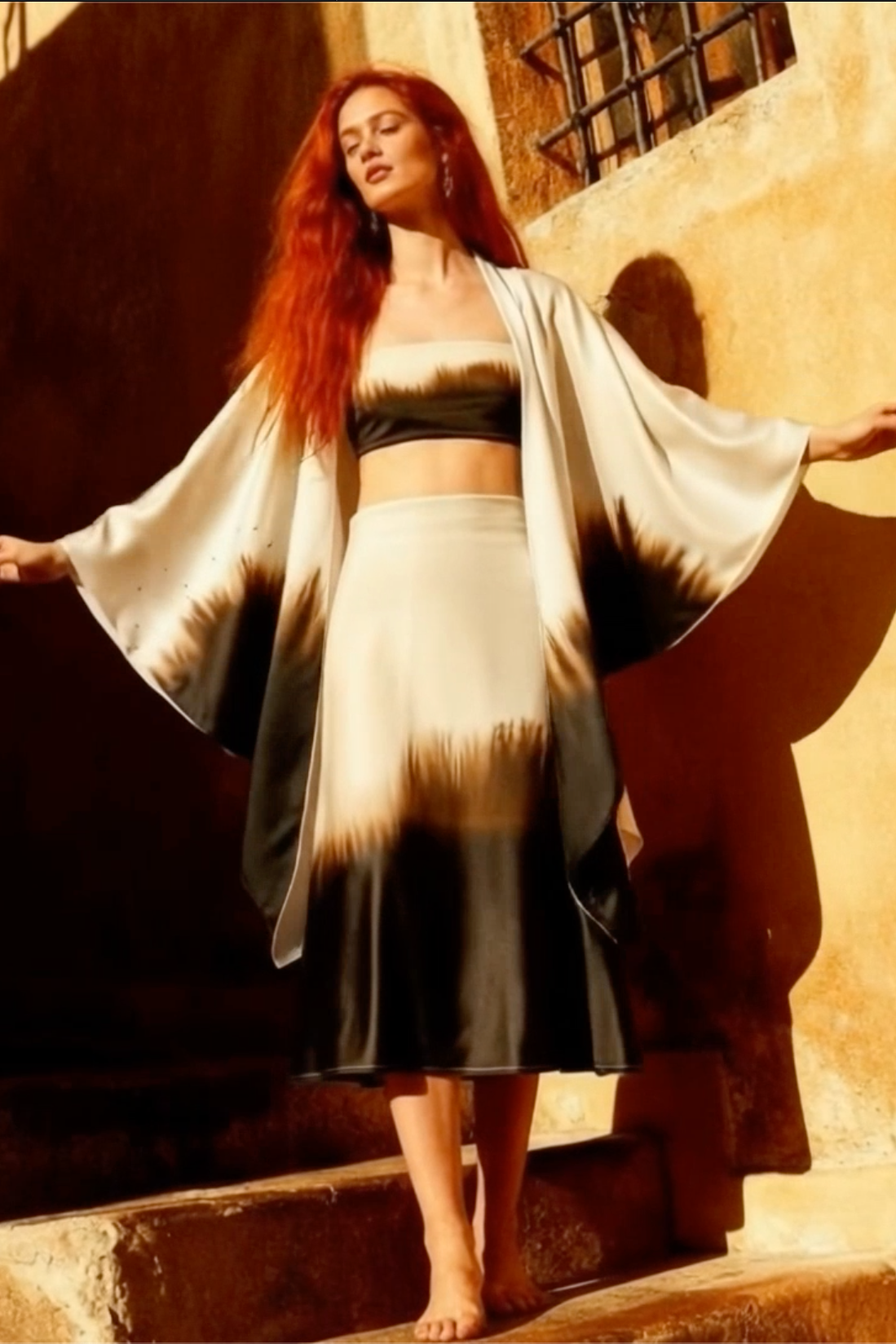 Woman in a long, light-colored dress standing on stone steps with a warm-toned wall in the background.
