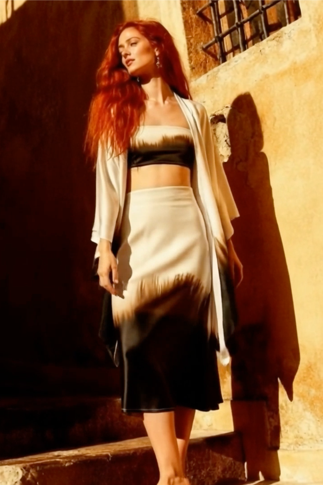 Woman with red hair standing against a warm-toned wall