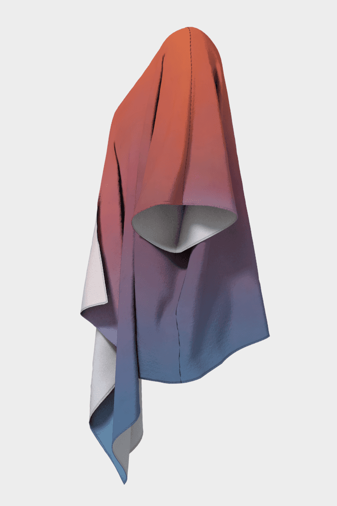 Gradient scarf with red, orange, and blue colors on a light gray background