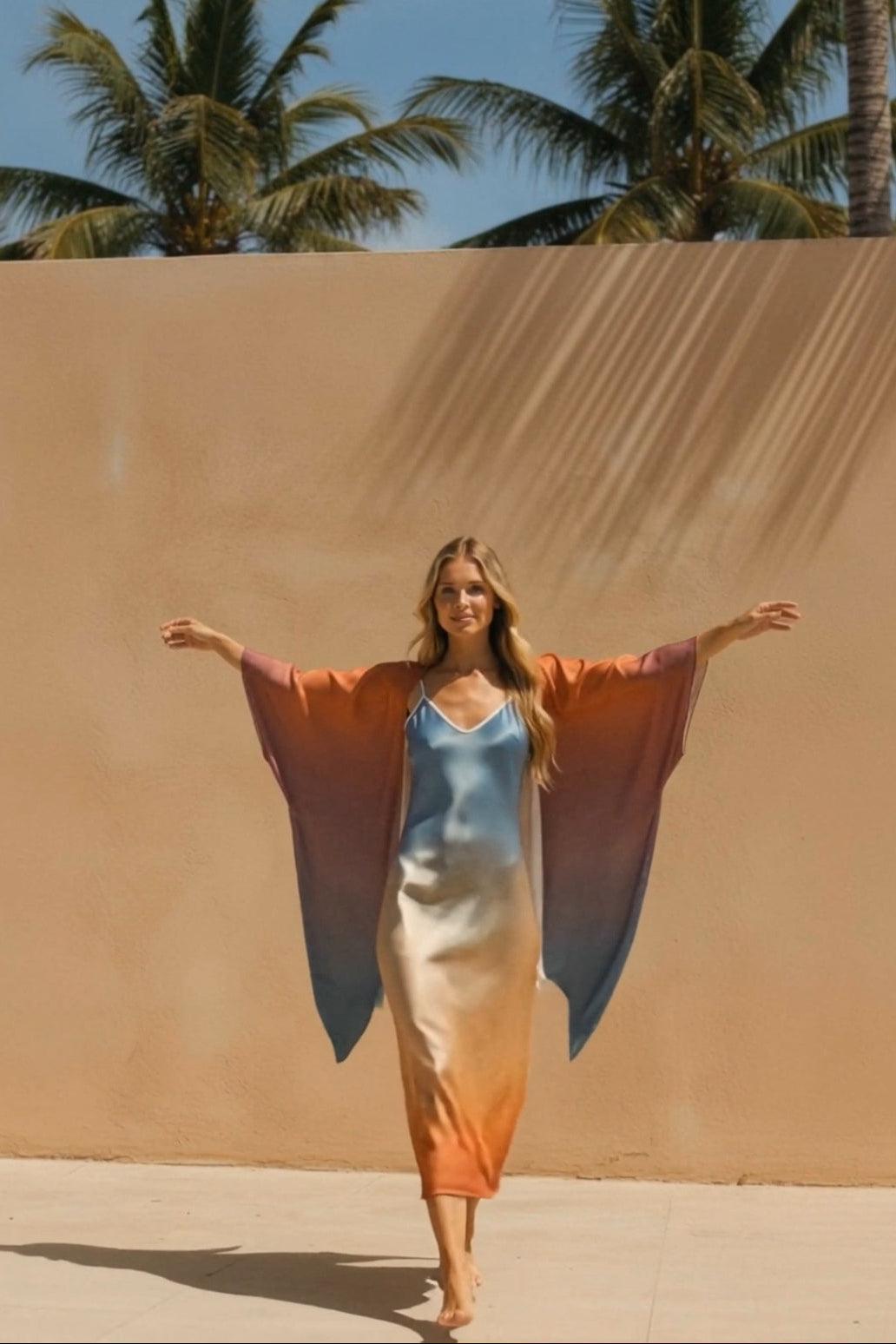 Woman in a long, colorful dress standing against a beige wall with palm trees in the background