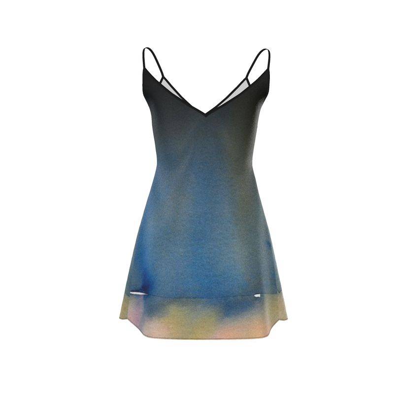 Blue and green gradient slip dress on a white background