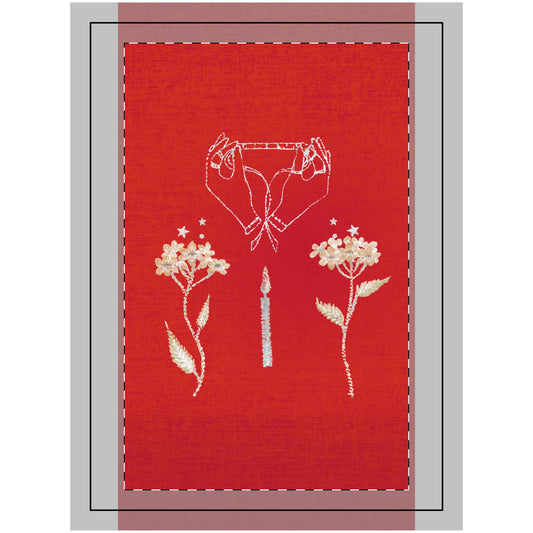Embroidered Flower Tapestry Wall Art in red fabric featuring floral designs, candle, and hand motif. Bohemian Home Decor for cozy cottagecore style.