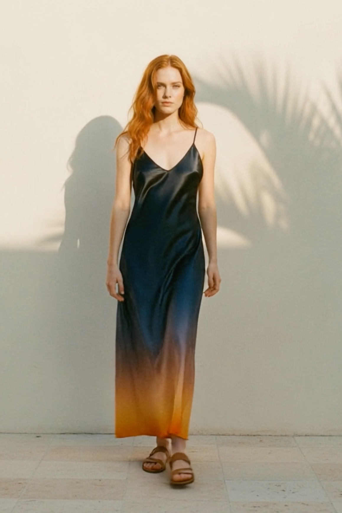 Woman wearing a gradient dress standing against a light wall with palm leaf shadows.