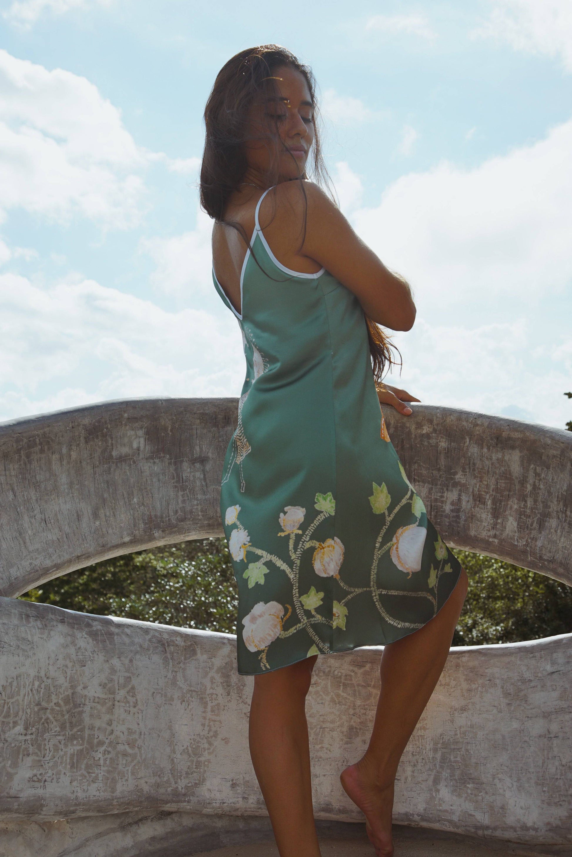 Vela Sustainable Silk Slip Dress in Green Jungle Butterfly –