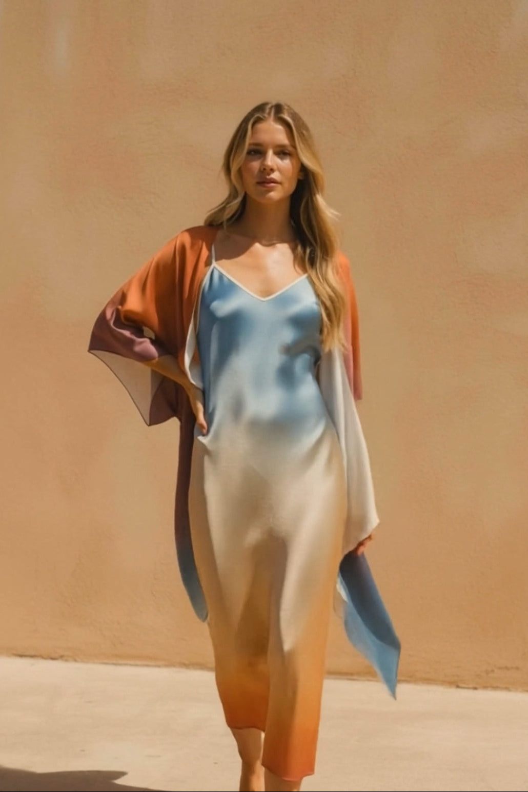 Woman wearing a light blue top and beige skirt with an orange cardigan against a beige wall.