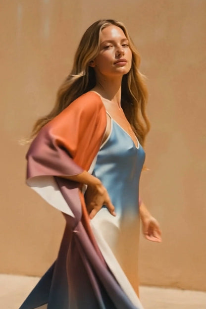 Woman wearing a colorful dress against a beige background