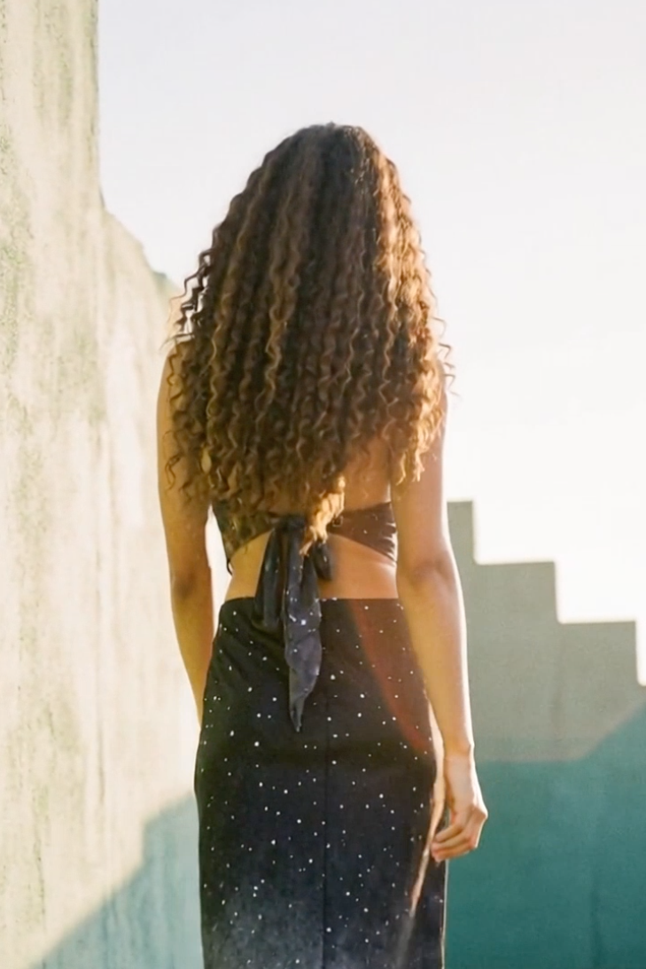 Front view of the black Mira Silk Tie Top in Star Dust - Limited Edition — non-toxic organic cotton top in natural fibers, from Holding Court Inc, made to order.