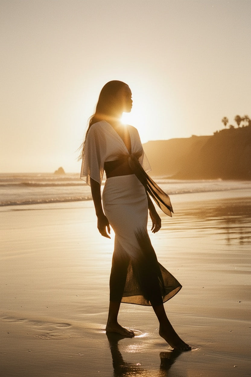 Model wearing the flowing Electra Kimono in Dark Matter — ethical made-to-order silk robe, Oeko-Tex certified, by sustainable designer Courtney Barriger.