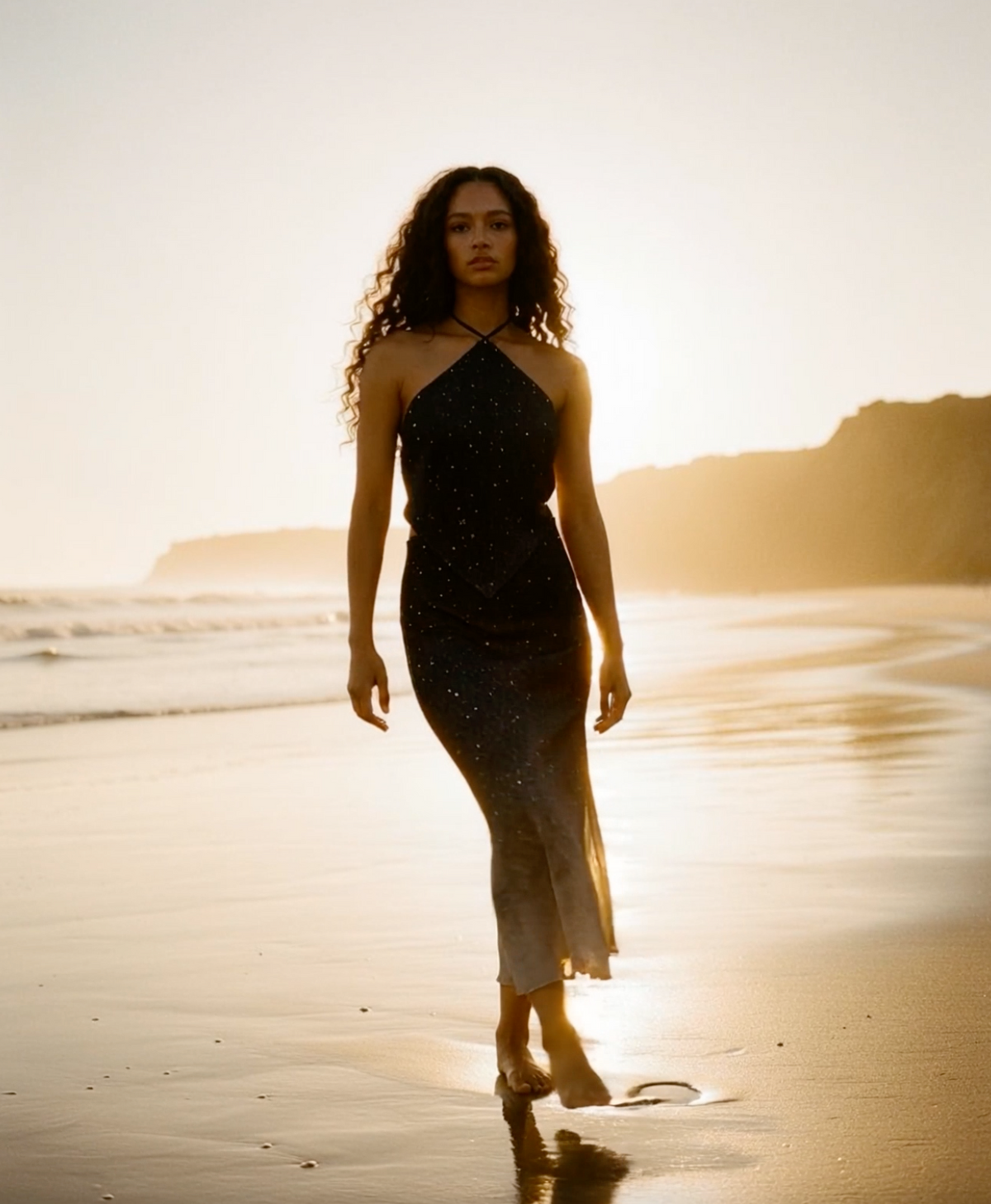 Model in natural light wearing the Maia Silk Skirt in Star Dust - Limited Edition — ethical made-to-order silk skirt, Oeko-Tex certified, by sustainable designer Courtney Barriger.
