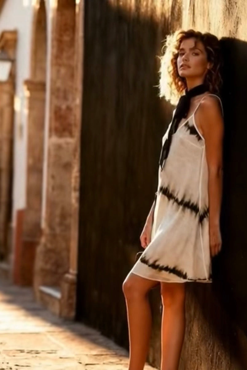 Vela Silk Dress in Tan Shibori