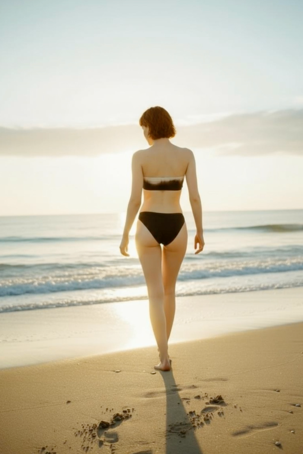 Woman in a black bikini walking on a beach with a sunset in the background
