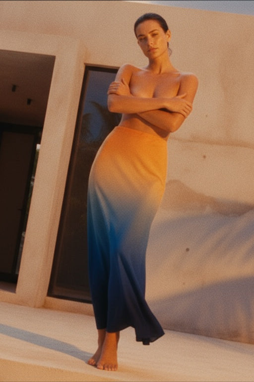 Woman in a long dress standing in front of a modern architectural structure with palm trees in the background.