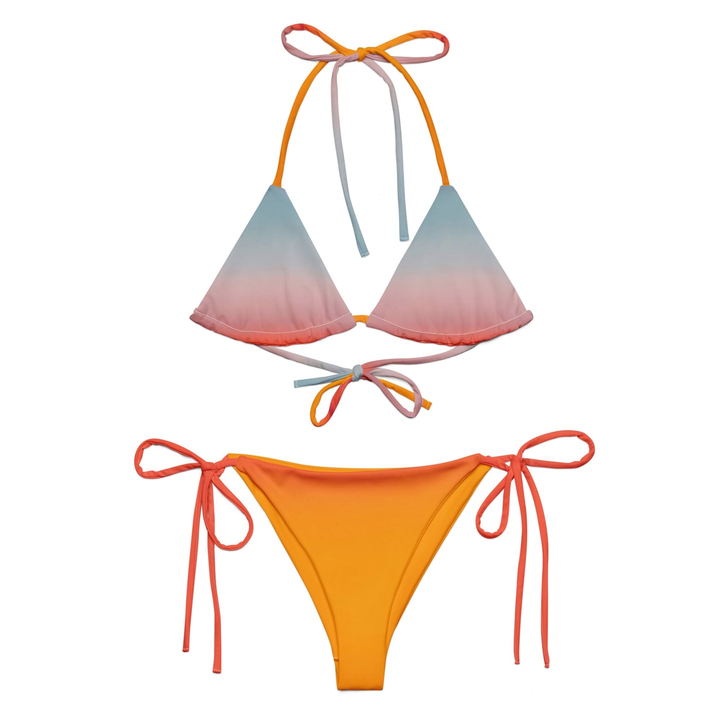 Candid beach shot of the Vega String Bikini in Sunrise — sustainable swimwear designed to reduce ocean waste, designed by Courtney Barriger for Holding Court Inc.