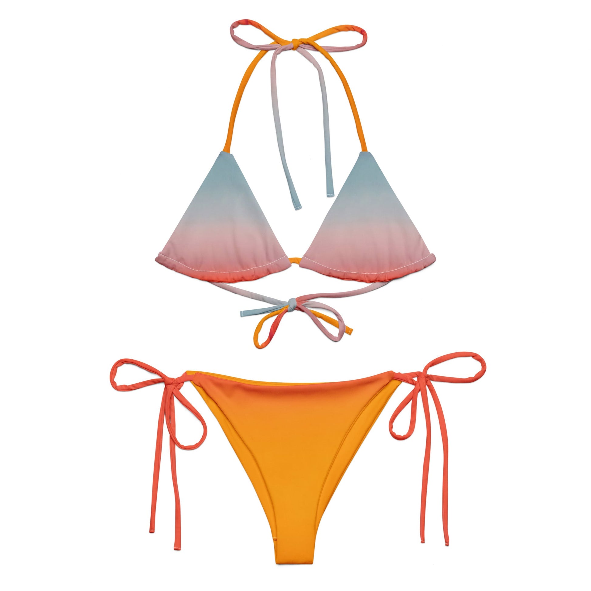 Candid beach shot of the Vega String Bikini in Sunrise — sustainable swimwear designed to reduce ocean waste, designed by Courtney Barriger for Holding Court Inc.