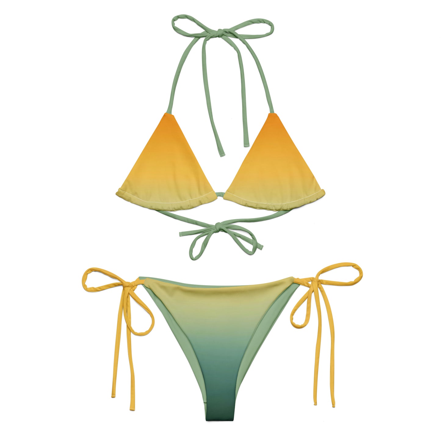 Model wearing a yellow-to-green ombré string bikini under plumeria flowers, sustainable recycled swimwear, Holding Court Horizons collection.