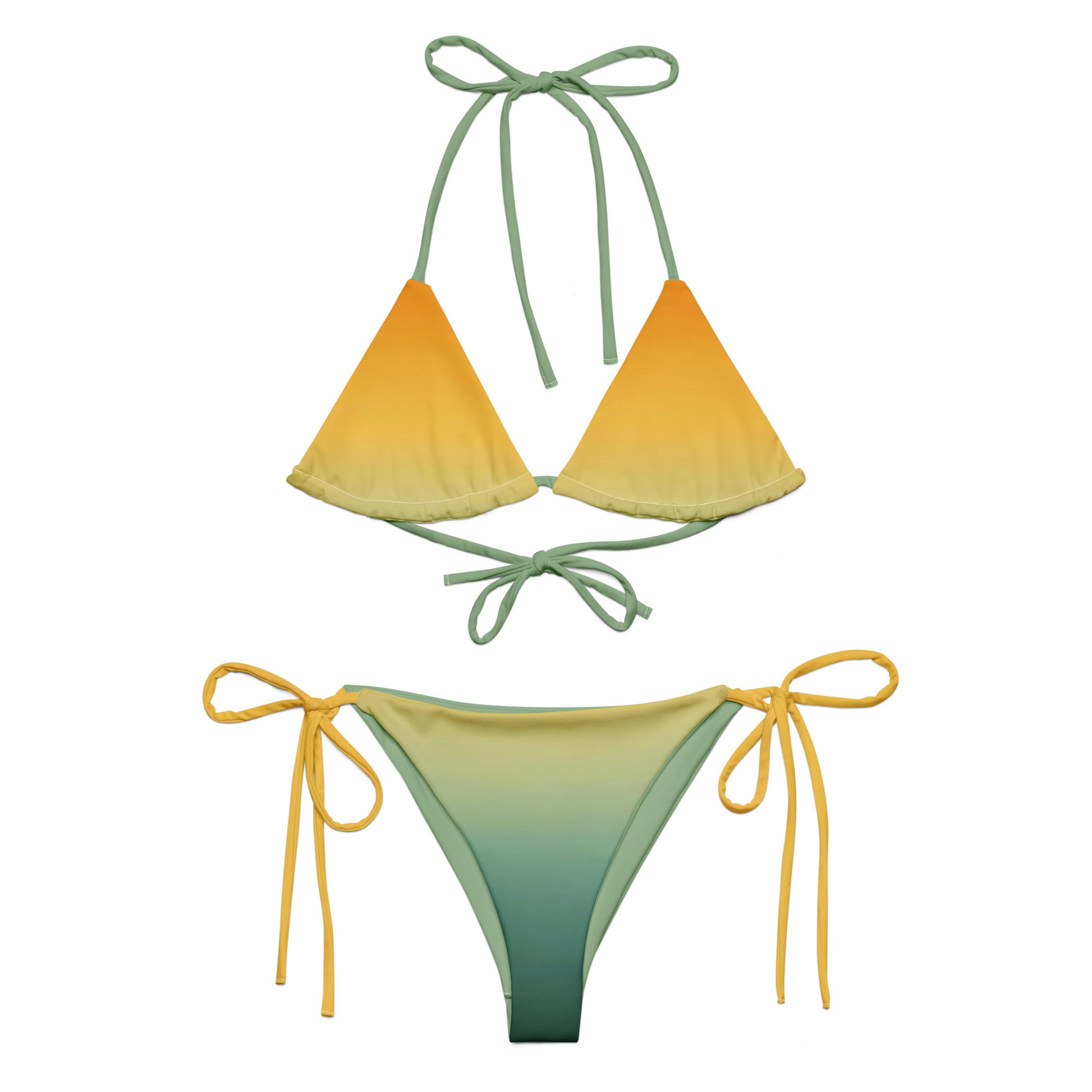 Model wearing a yellow-to-green ombré string bikini under plumeria flowers, sustainable recycled swimwear, Holding Court Horizons collection.