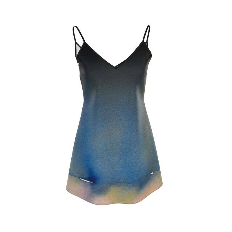Blue and black gradient slip dress on a white background