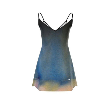 Blue and green gradient slip dress on a white background