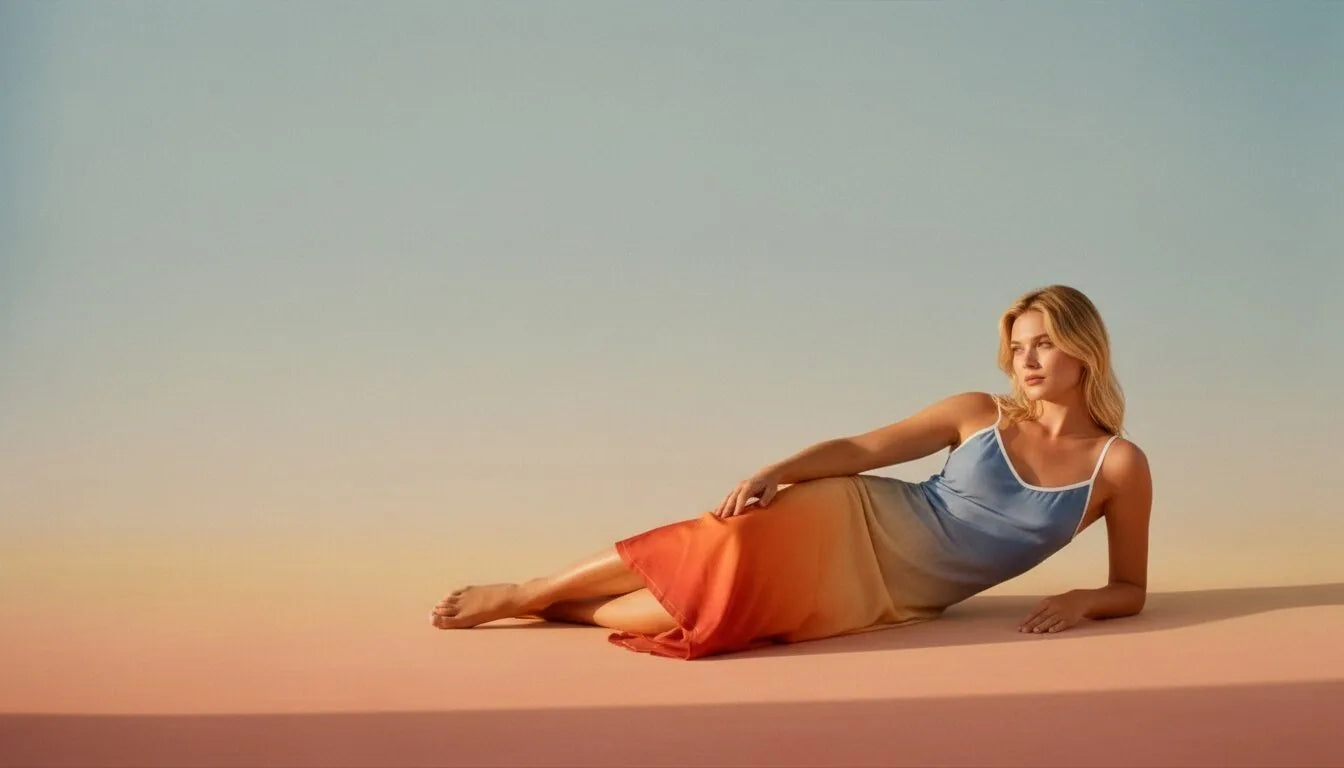 A woman reclining in a blue-to-orange ombre silk dress against a sunset backdrop.
